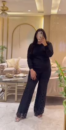 Saira 2 Piece Outfits  Knit Pullover and Wide Leg Lace Pants Lounge Matching Set
